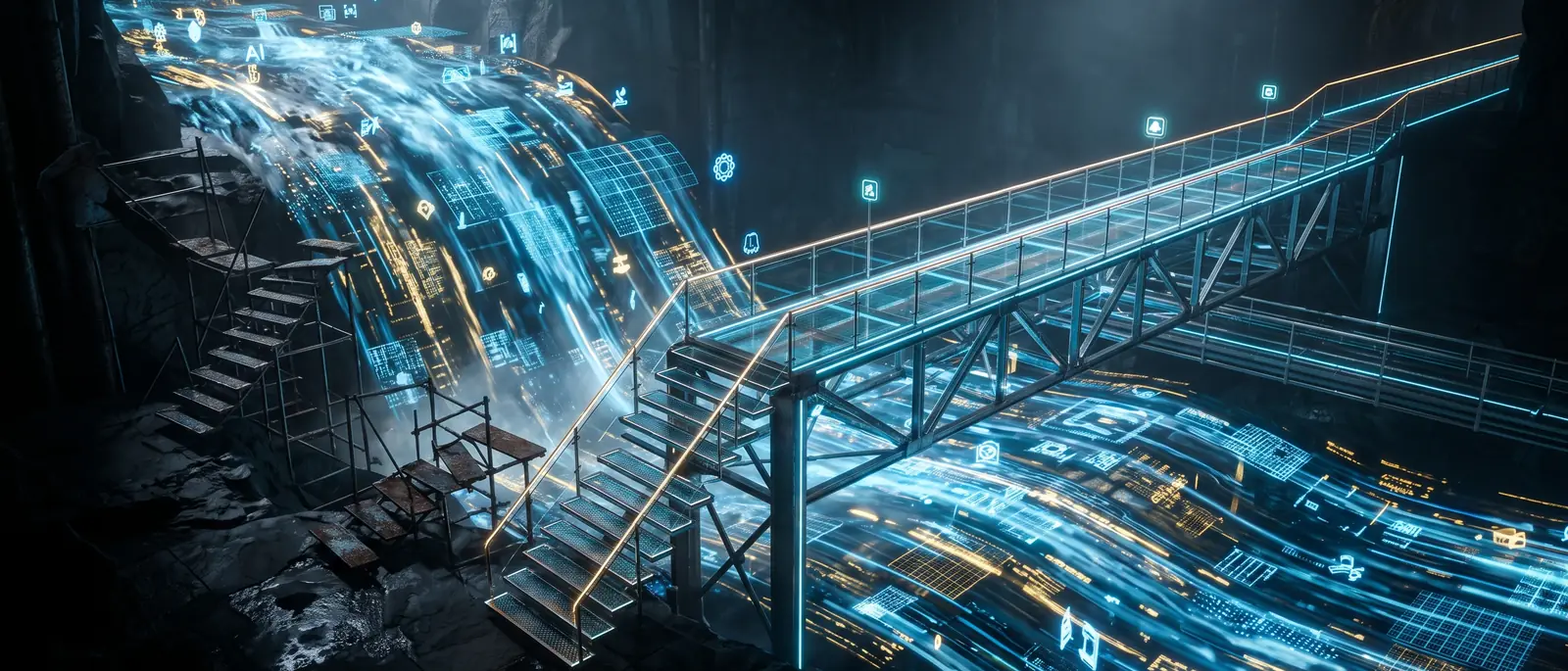 A lit walkway crossing a torrent of digital data, beside old rusting steps.