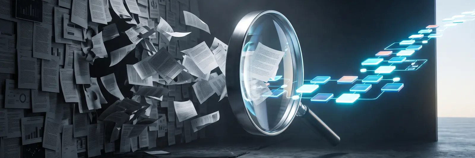 A magnifying glass turning a wall of loose papers into a clear, connected process flow.